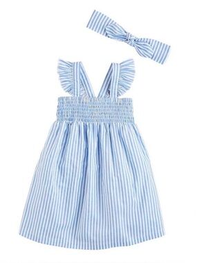 NEW! Mudpie Baby Girl Smocked Blue & White Striped Sundress & Headband Sz 3-6m